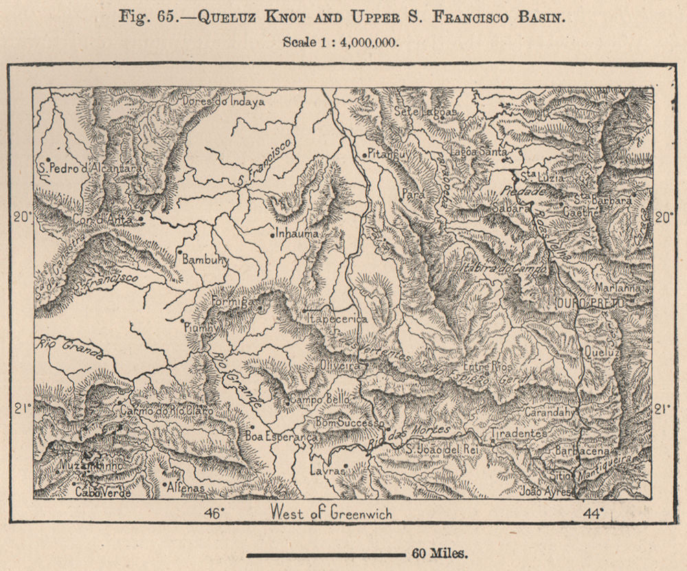 Queluz knot and upper Sao Francisco Basin. Ouro Preto. Brazil 1885 old map
